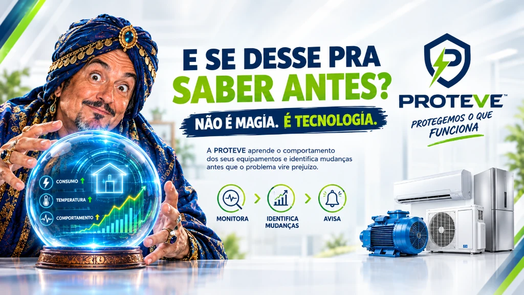 E se desse pra saber antes? Não é magia, é tecnologia — a PROTEVE aprende o comportamento dos seus equipamentos e avisa antes do problema virar prejuízo.