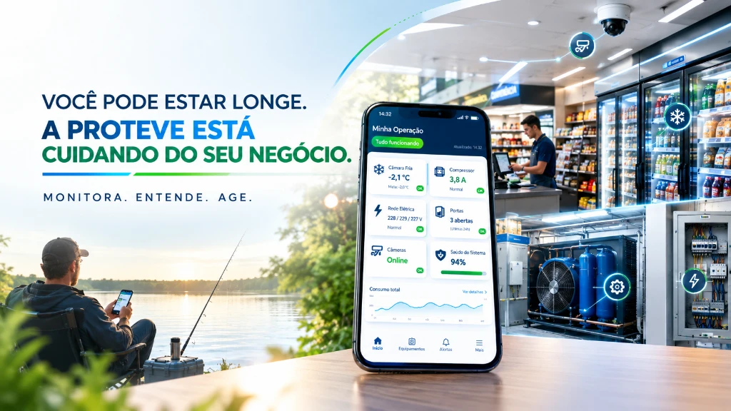 Enquanto você está longe, a PROTEVE monitora energia, câmeras e refrigeração da sua operação