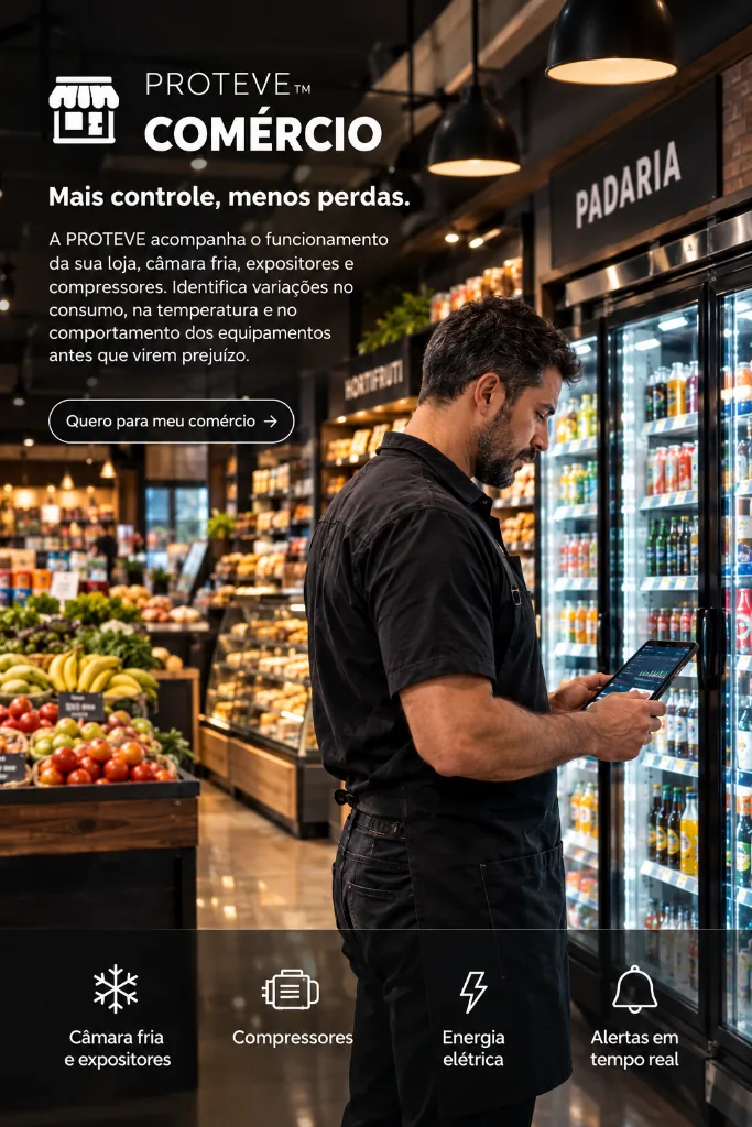 PROTEVE Comércio: loja, câmara fria, expositores e compressores supervisionados (visual ilustrativo gerado por IA)