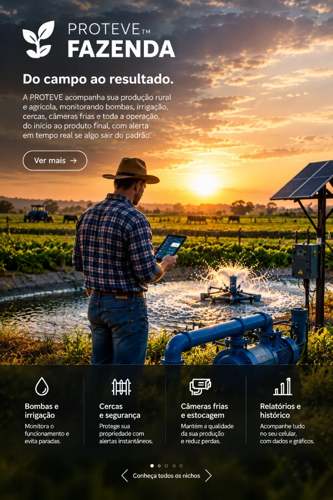 PROTEVE Fazenda: bombas, irrigação, cercas e câmaras frias monitoradas (visual ilustrativo gerado por IA)
